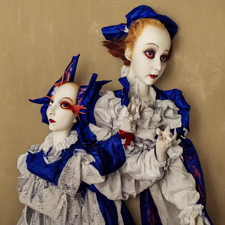 Image similar to “portrait of Hisoka Morow porcelain doll like jester as a medieval jester, studio lighting hyperreal photograph royal painting”