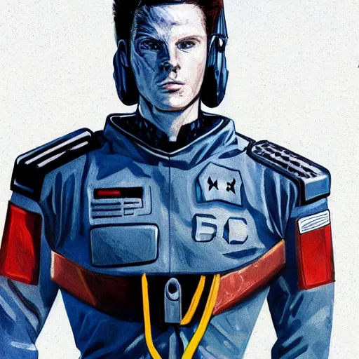 Prompt: Portrait of David Bates from Starset in a sci fi uniform with a BMI on his temple; hyper realistic, high detail, artstation, deviantart