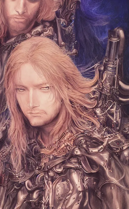 Prompt: Blond Jesus on Metal Band Cover, by Ayami Kojima, studio ghibli, cinematic lighting, intricate, highly detailed, digital painting, trending on artstation, Illustration, epic scale