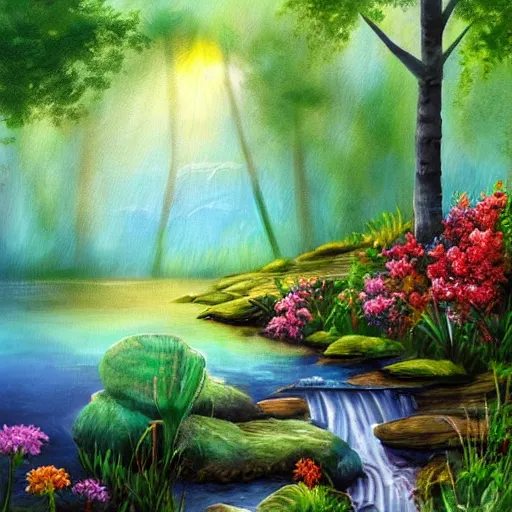 Image similar to a beautiful cottage in the forest, water painting, sun lit, flowers, rainbow