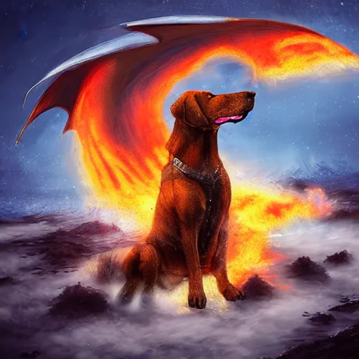 Prompt: dog + dragon, breathing fire, labrador, digital art, fantasy, dnd, 8 k