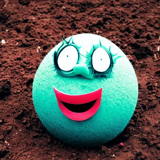 Image similar to photo of a ball of dirt with tiny legs, round blue eyes, a red clown nose, and a cute smile, creature made of dirt and soil