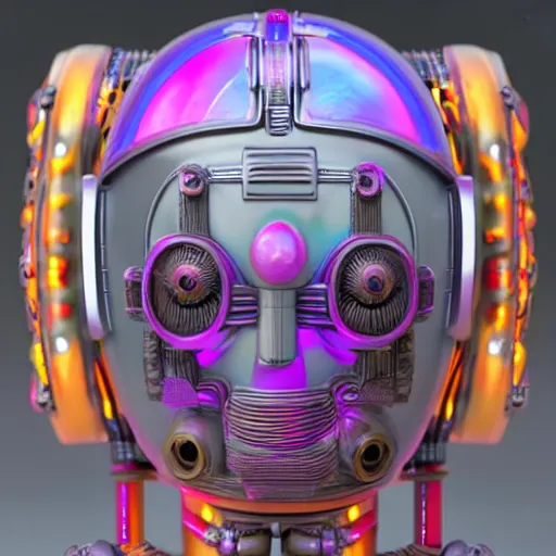 Image similar to a claymodel of a dieselpunk rococo spaced out robot head wearing multicolored tubes, 8 k, front view, symetrical, flourescent colors, halluzinogenic, multicolored, exaggerated detailed, front shot, 3 d render, octane