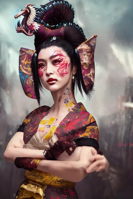 Image similar to agile geisha cyberpunk Dragon princess, digital art, 8k ,character ,realistic, portrait, hyperrealistic