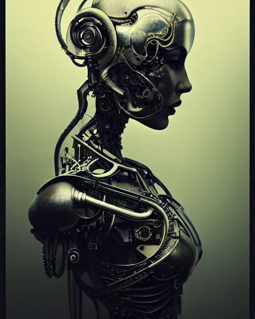 Image similar to a young beautiful female cyborg profile face, by h. r. giger, by ismail inceoglu, by kiki smith, glamor shot, vintage, closeup, f / 2. 8, low contrast, 1 6 k, rim lighting, cinematic lighting, insanely detailed and intricate, hypermaximalist, elegant, ornate, hyper realistic, super detailed