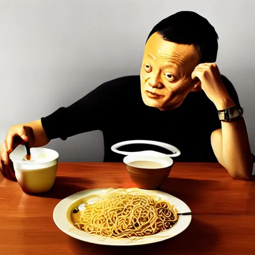 Image similar to a photorealistc digital art of jack ma eating noodles, award winning photography, trending on artstation