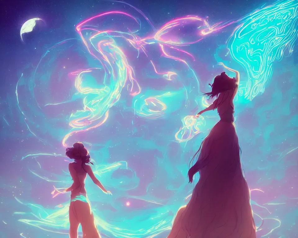 Image similar to a beautiful whimsical goddess floating above a lake basking in the moonlight, firebending, underneath a multi-colored binary blackhole with an accretion disc, glowing trails following her arms, wearing professional makeup, synthwave, by Lois van Baarle, by Greg Rutkowski, by artgerm, by beeple, by studio ghibli, cinematic angle, volumetric lighting, 4k resolution, octane render, trending on artstation, masterpiece