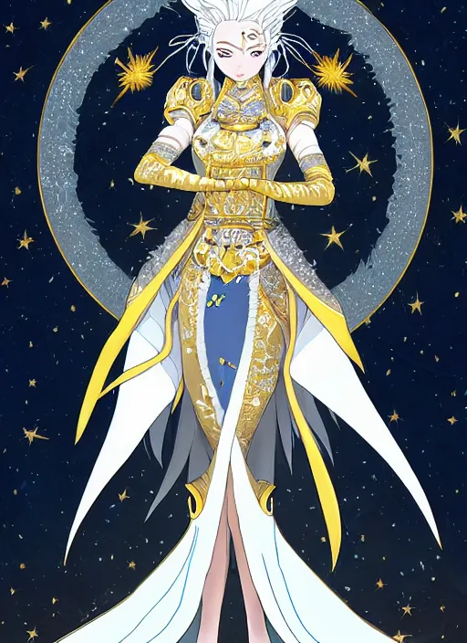 Prompt: commissioned full body portrait of a female anthro werewolf princess fursona with white hair wearing a white and gold Chinese armored dress in a white and gold palace on a starry night with a large crescent moon, by a professional manga illustrator, Stanley Artgerm Lau, WLOP, Rossdraws, James Jean, Andrei Riabovitchev, Marc Simonetti, and Sakimichan, trending on artstation