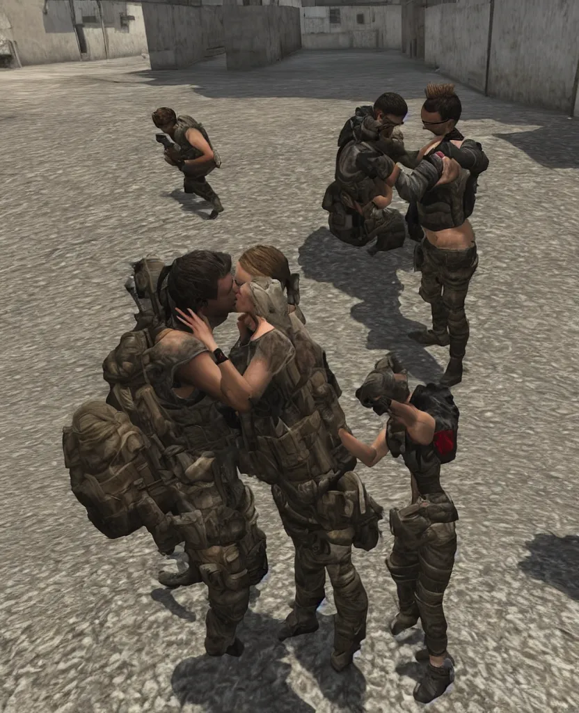 Prompt: girl and boy lovers kissing in counter strike dust 2