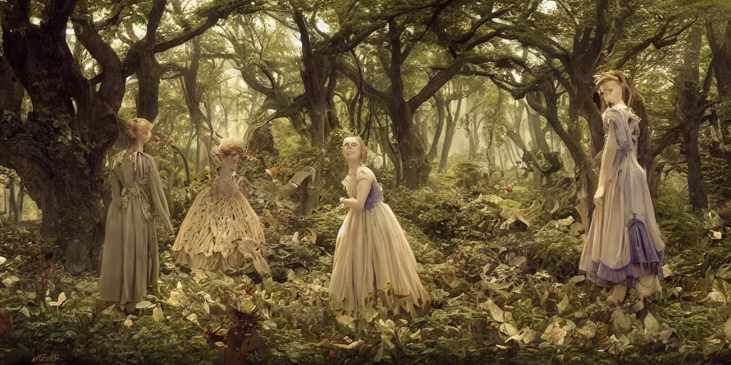 Image similar to alice in wonderland, dress made of leaves, masterpiece by Edgar Maxence and Ross Tran and Michael Whelan, gustav dore, carravaggion, realistic fantasy, establishing shot, 8k, octane render, moonbeams