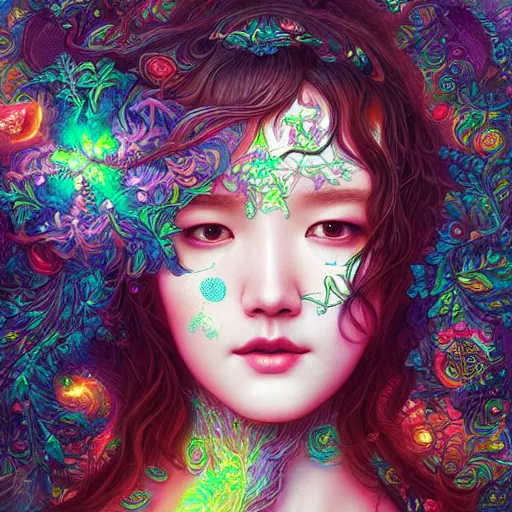 Image similar to portrait of park min young, hyper detailed masterpiece, neon floral pattern, jean giraud, digital art painting, darkwave goth aesthetic, psychedelic, artgerm, donato giancola and tom bagshaw