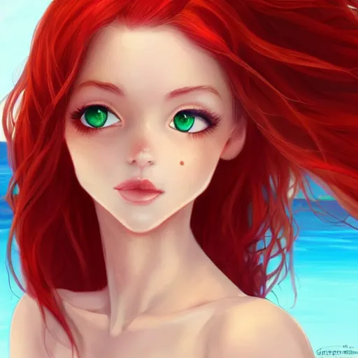 Image similar to beautiful woman with red hair and green eyes wearing a white sundress, on a beach, flirting, smiling, eye contact, perfect face, perfect body, digital art in the style of artgerm and WLOP, extreme long shot