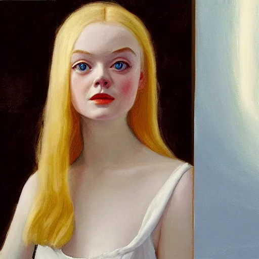 Image similar to Painting of Elle Fanning bringing about the age of fire, long blonde hair, delicate, pale milky white porcelain skin, by Edward Hopper. 8K. Extremely detailed.