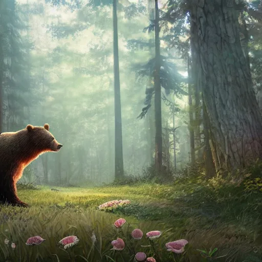 Prompt: a realistic bear, beautiful, proportionate, atmosphere, vibe, forest, lot of trees, fern, flowers, concept art illustration, color page, tone mapping, akihiko yoshida, james jean, andrei riabovitchev, marc simonetti, digital illustration, greg rutowski, volumetric lighting, sunbeams, particles