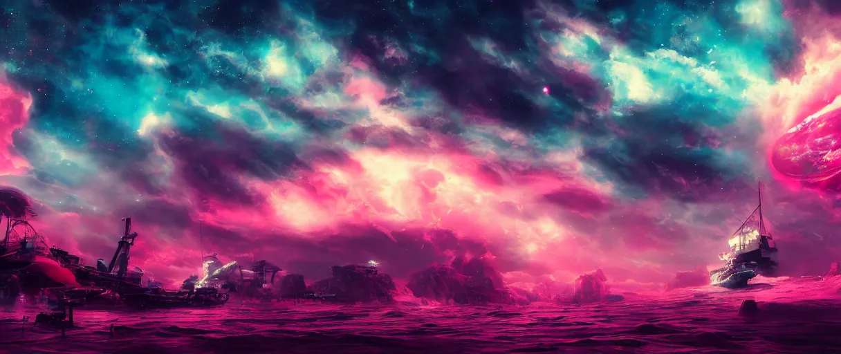 Image similar to space, hyperdetailed illustration, portrait big dark dog, mohawk, stars, pink, neon, oil painting, rich deep colors masterpiece, pirate neon ship, ultra detailed, contrast, heaven pink, clouds, volumetric light, atmospheric lighting, dramatic, cinematic, moody, octane render 4 k, 8 k