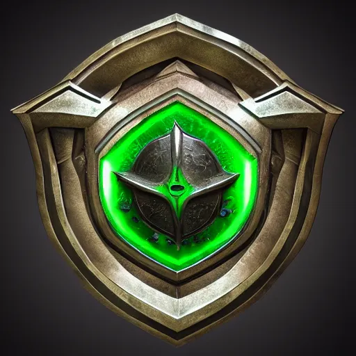 Image similar to green medieval shield, powerful fantasy epic legends, game icon stylized, digital illustration radiating, a glowing aura, global illumination, ray tracing, 8 k high definition, intricate details, octane render, unreal engine, trending on arstation