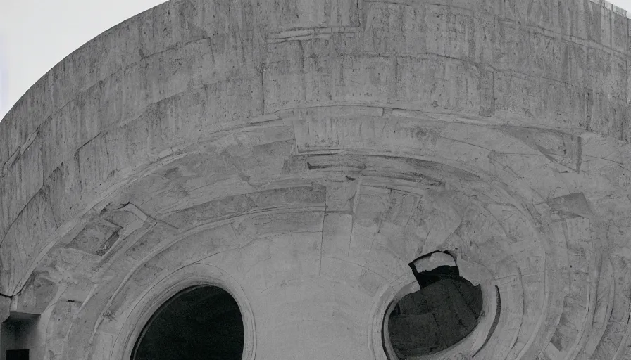 Prompt: a huge neoclassical brutalist spherical building with very high walls and stairs, cinestill 8 0 0 t 3 5 mm, heavy grain, high quality, high detailed