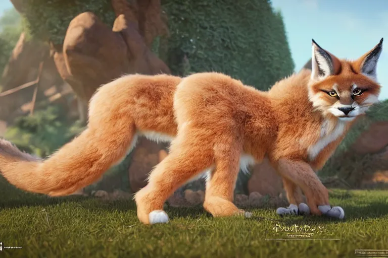 Image similar to The fluffiest little fur creature in the world, hybrid from cat caracal fox lion deer, fullbody, oil painting, disney, zootopia, volumetric light, unreal 5, DAZ, hyperrealistic, octane render, RPG portrait, dynamic lighting, fantasy art, beautiful face