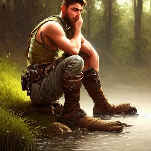 Prompt: young rugged ranger sitting by a stream, muscular thighs, D&D, fantasy, intricate, cinematic lighting, highly detailed, digital painting, artstation, concept art, smooth, sharp focus, illustration, art by Artgerm and Greg Rutkowski and Alphonse Mucha