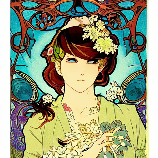 Image similar to anime manga ornaments illustration style by Alphonse Mucha and James Roper pop art pattern nouveau