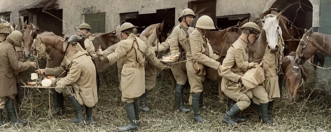 Prompt: soldiers feeding horses spaghetti, world war 1, canon 5 0 mm, kodachrome, in the style of wes anderson, retro