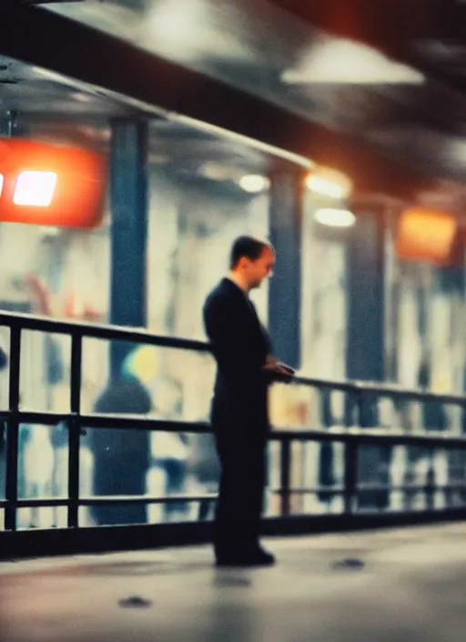 Prompt: a 2 8 mm macro photo from the back of a businessman standing on a subway platform, splash art, movie still, bokeh, canon 5 0 mm, cinematic lighting, dramatic, film, photography, golden hour, depth of field, award - winning, anamorphic lens flare, 8 k, hyper detailed, 3 5 mm film grain