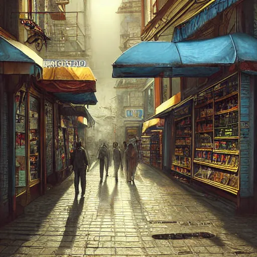 Prompt: A fantasycore photograph of a convenience store with photograph of 2099 portugal lisbon on the street of a very highly detailed eldritch city digital rational painting art by Greg Rutkowski, sci-fi highly detailed, digital concept art, a 12x(detailed) Dimensional cyan gold natural light, sharp focus, a 12x(very) much detailed by Eta Cru and James Gurney and Donato Giancola, composition by alphonse mucha