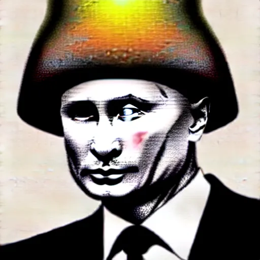 Image similar to vladimir putin wearing a nuclear mushroom cloud blast for a hat, cartoonish, ultra detailed pencil drawing, full perspective