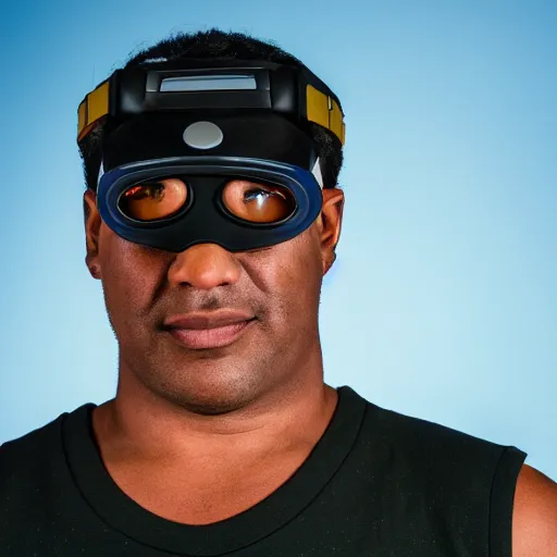 Image similar to a beautiful portrait of a bloke wearing geordi la forge's visor and a tank top, on a hot australian day, high quality, photography, volumetric lighting, 8 k