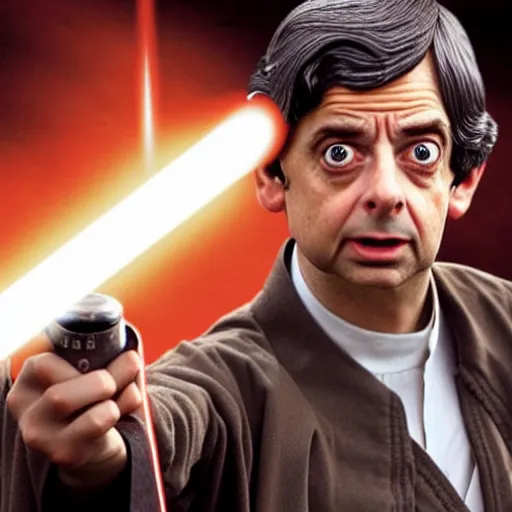 Prompt: mr beans as a jedi master holding a lightsaber, star wars, photo, realistic detail