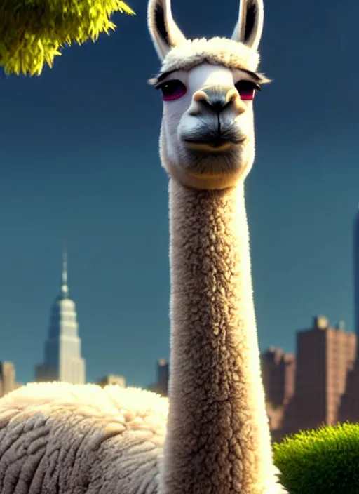 Image similar to a wholesome animation key shot of a llama, close - up, new york zoo in the background, studio ghibli, pixar and disney animation, sharp, rendered in unreal engine 5, anime key art by greg rutkowski, bloom, dramatic lighting