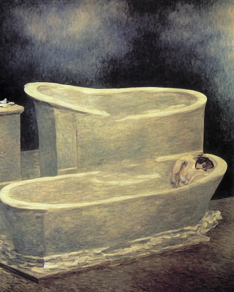 Prompt: achingly beautiful painting of a roman bathtub by rene magritte, monet, and turner. piranesi.