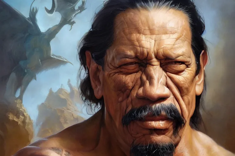 Image similar to A beautiful oil painting of a Danny Trejo, by Lucas Graciano, Frank Frazetta, Greg Rutkowski, Boris Vallejo, epic fantasy character art, high fantasy, Exquisite detail, post-processing, low angle, masterpiece, cinematic