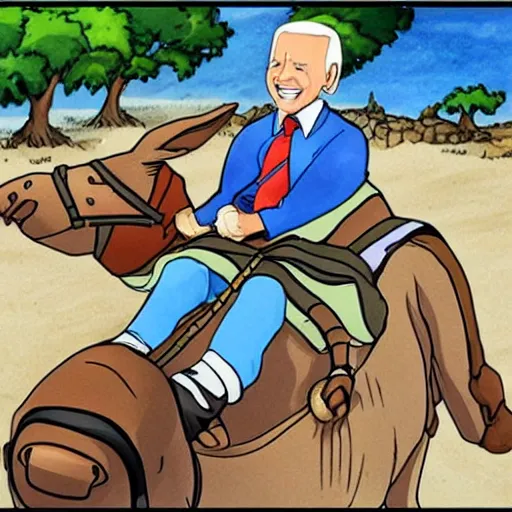 Prompt: biden riding a donkey, cartoon, manga, anime