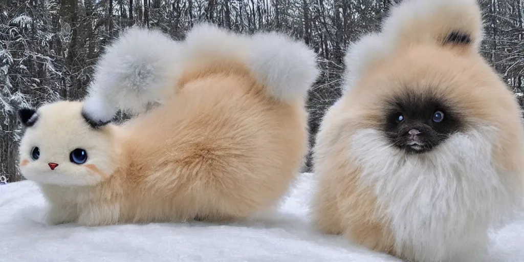 Image similar to real life pokemons, cute!!!, content!!!, mischievous!!!, adorable!!!, fluffy!!!, ultra realistic!!!, winter, blanket of snow, 4 0 0 0 kelvin, golden hour, sharp focus