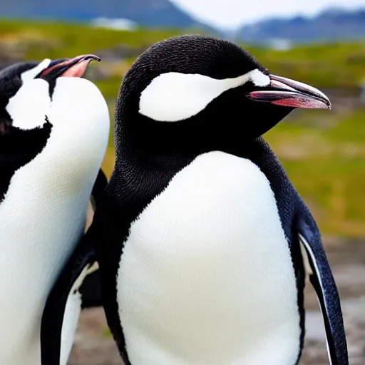 Prompt: two penguins taking a selfie and smiling