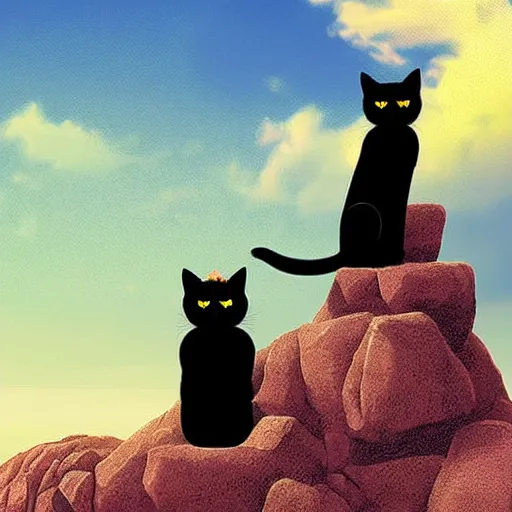 Image similar to a black cat sitting on top of a mountain enjoying the view, stunning digital art