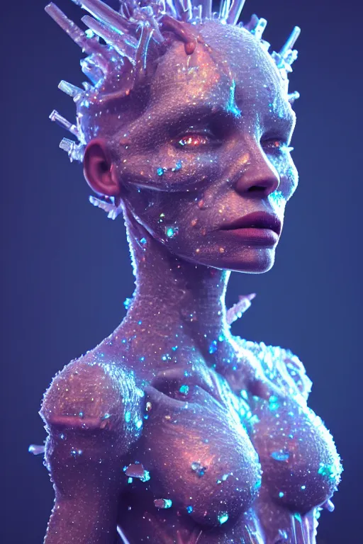 Image similar to skin concept anthropomorph, biopunk, in full growth, magical crystals, smoky crystals, translucent crystals, luminous sparkling crystals, many details, 3 d, cinematic, hyper realism, high detail, octane render