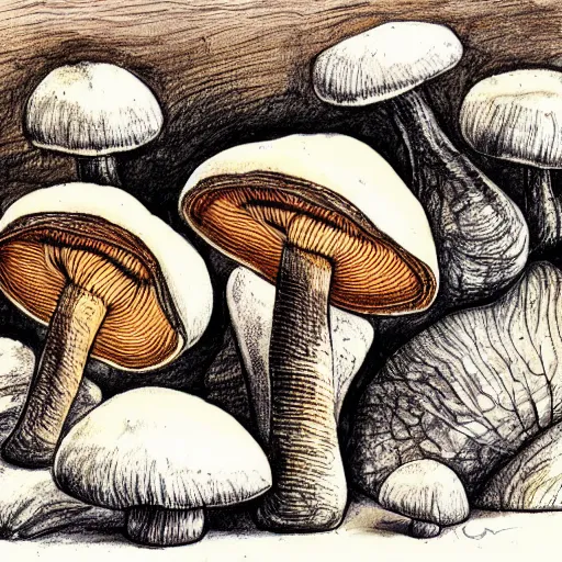 Prompt: boletus mushroom, pen and ink drawing, drawn by hand, cozy, natural colors, textured paper