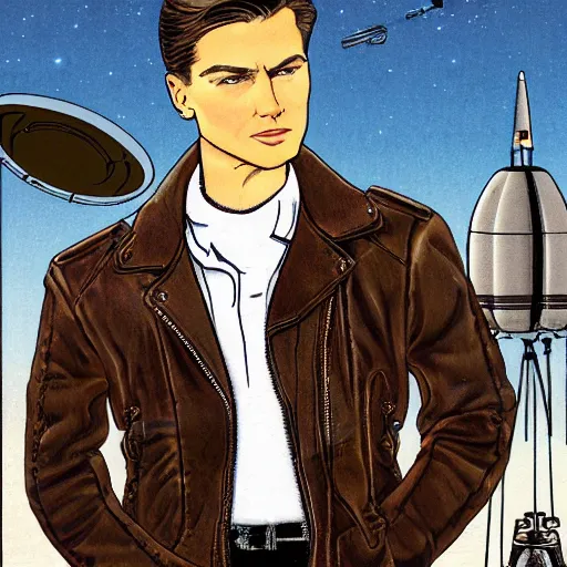 Image similar to handsome butch princely heroic square - jawed emotionless serious blonde woman aviator, with very short butch slicked - back hair, wearing brown leather jacket, standing in front of small spacecraft, illustration, science fiction, highly detailed, ron cobb, mike mignogna