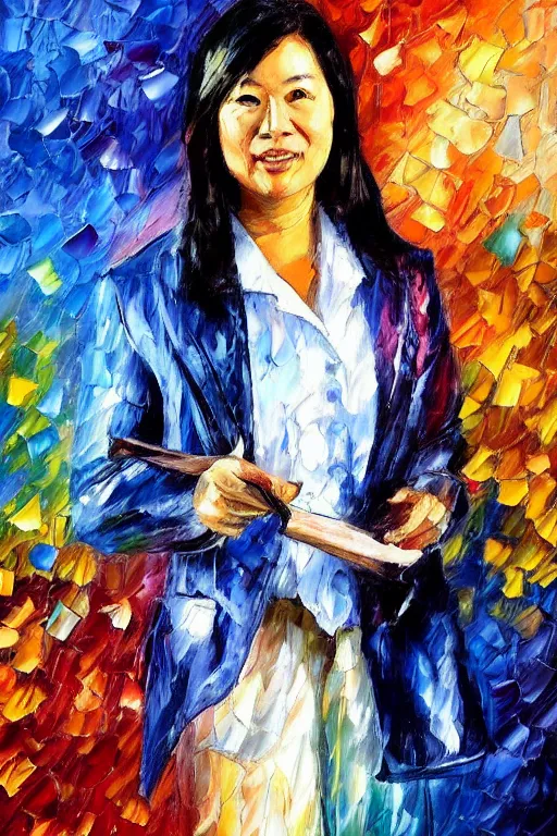 Image similar to palette knife oil painting portrait of police psychiatrist tracy wong, extreme detail, style by leonid afremov and degas, artstation trending, artgerm, deviant art, octane, substance, art history 8 k