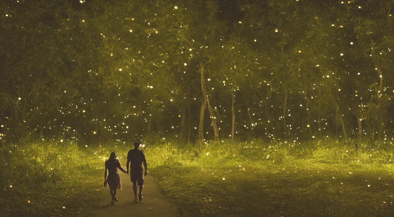 Image similar to a couple walking in the middle of fireflies the color of the moon, cinematic lighting, wow, establishing shot