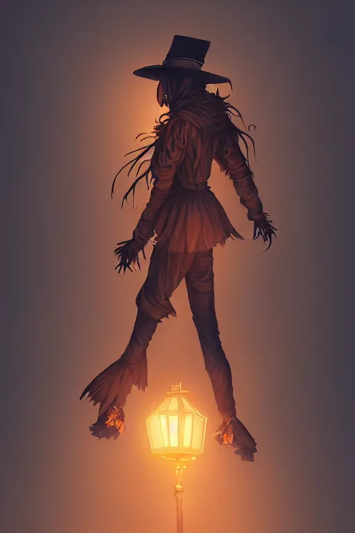 Prompt: portrait of a haunted scarecrow, crow on shoulder, holding a lantern, halloween night, charlie bowater, artgerm, ilya kuvshinov, krenz cushart, ruan jia, realism, ultra detailed, 8 k resolution