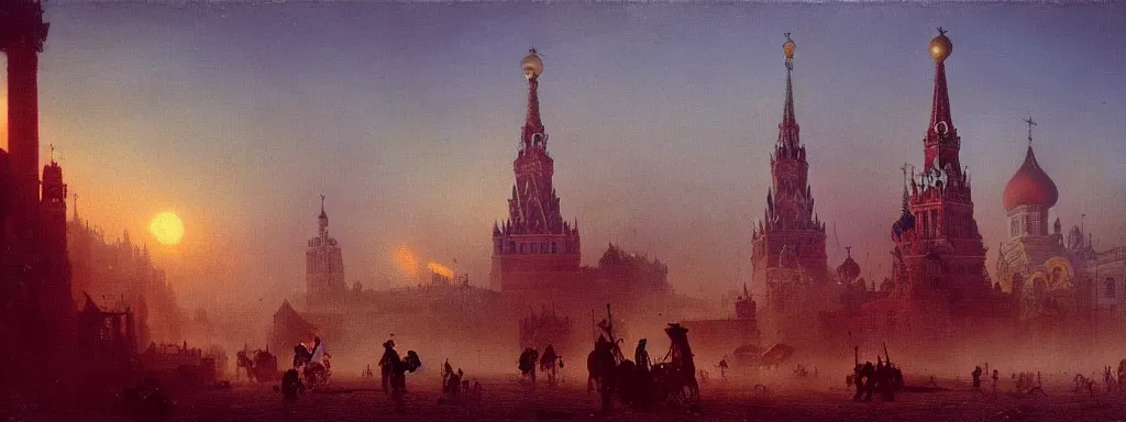 Prompt: alien predator attacks moscow red square. extreme long shot. post-apocalyptic art by Aivazovsky. high detail