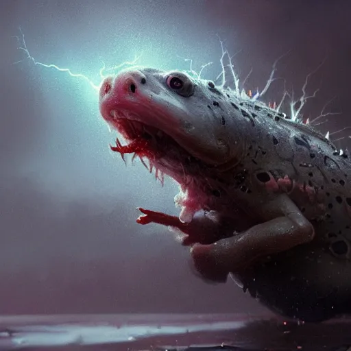 Image similar to highly detailed shocked Axolotl hit by lightning from the sky in a small puddle, thunder, dramatic, dark, fantasy, digital art, hyperrealistic, cinematic lighting, Greg Rutkowski, Trending on Artstation, highly detailed