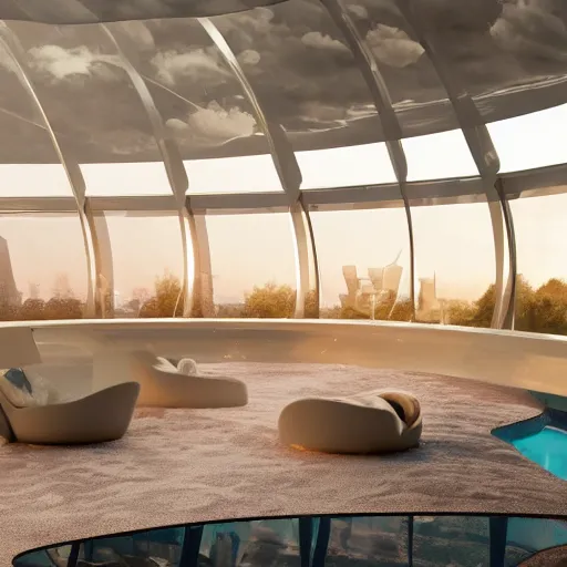 Prompt: a beautiful lounge with a pool inside a futuristic glass dome house designed by zaha hadid, futuristic city background, clouds, octane render, ray tracing, 8k resolution, sharp