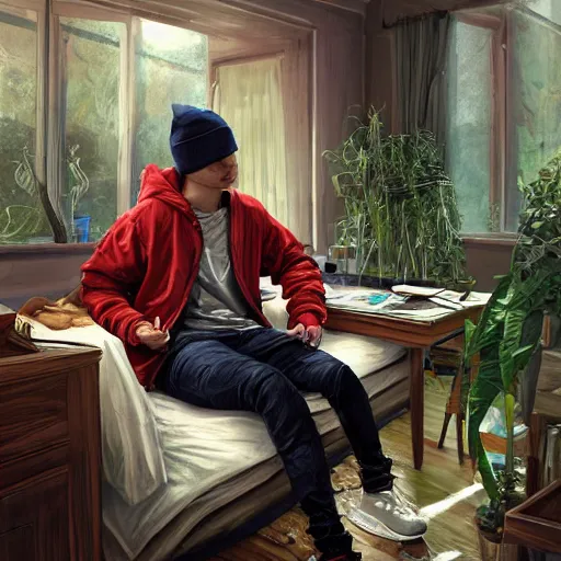 Prompt: a young man on his bed wearing his hoody jacket and coffee beside the table on a cold rainy day, room full of plants, gloomy weather, highly detailed, digital painting, artstation, concept art, smooth, sharp focus, illustration, art by jon foster and artgerm and yuumei