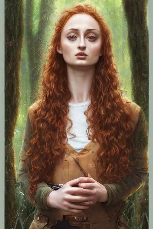 Image similar to woman, Sophie Turner, portrait, highly detailed, digital painting, artstation, summer forest background, concept art, sharp focus, illustration, overalls, long curly brown hair, art by artgerm and greg rutkowski and magali villeneuve