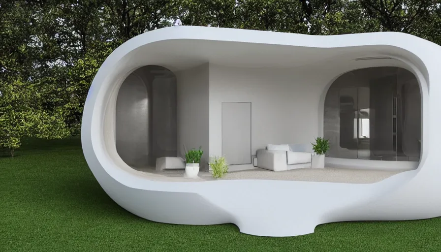 Image similar to A wide image of a full innovative contemporary 3D printed prefab cabin with rounded corners, beveled edges, made of cement, organic architecture, Designed by Gucci, Balenciaga, and Wes Anderson
