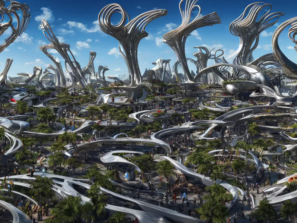 Image similar to a busy elaborate ornate outdoor sci - fi park, cinematic, shadows, partly cloudy day, 4 k, detailed, by zaha hadid and basquiat